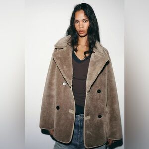 NWT Zara Reversible Double-Faced Coat Women's Taupe Gray Teddy Jacket Size S